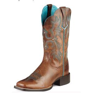 Ariat Tombstone Women’s Cowboy Boots 7.5B Brown Leather Turquoise Stitch Square